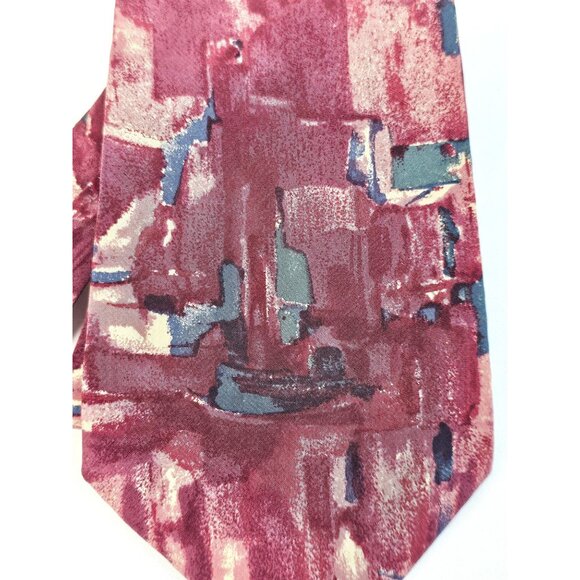 Vtg John Henry Abstract Design Tie Burgundy Multicolor 100% Italian Silk USA - Picture 2 of 6